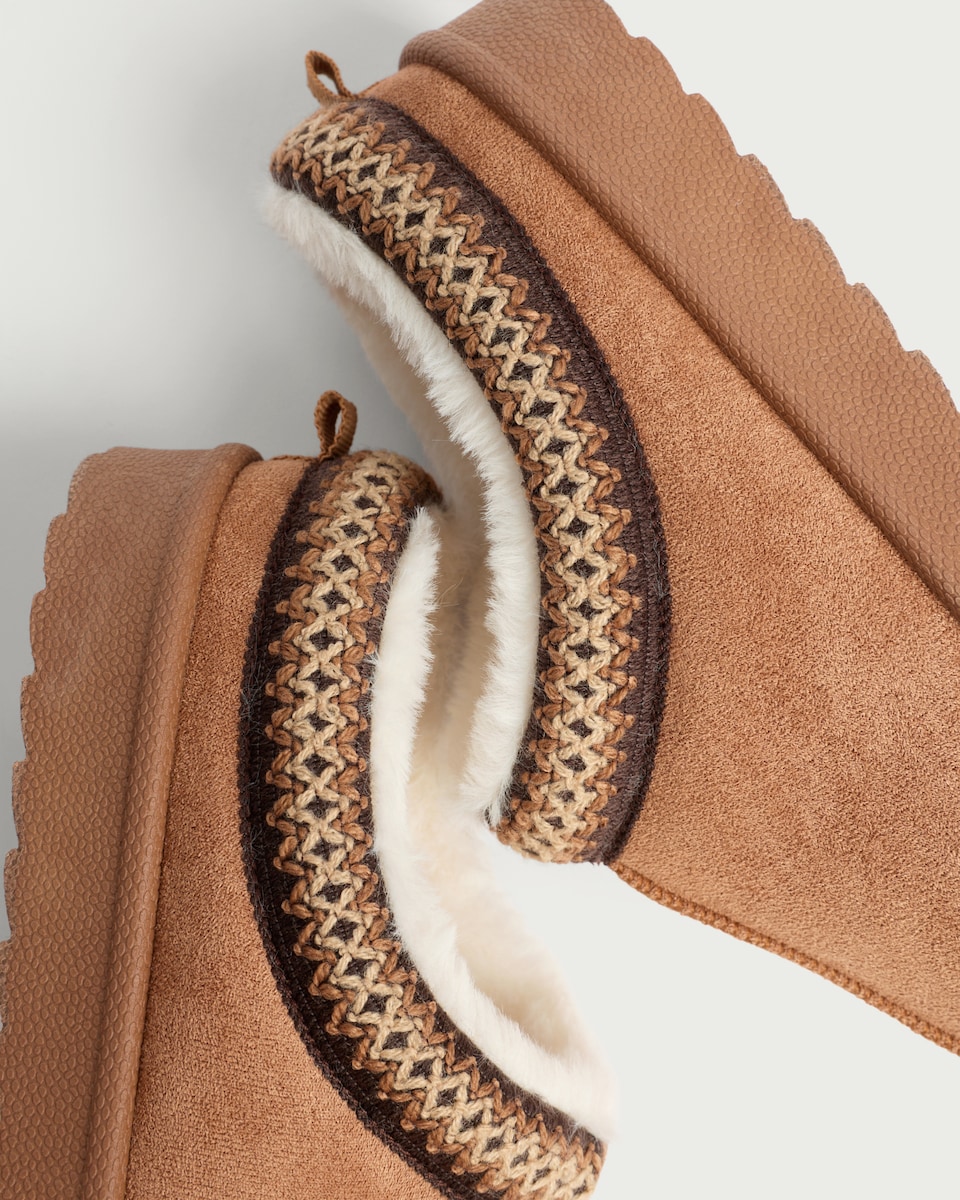 image 1 of F&F Girls Faux Fur Lined Embroidered Mule Slippers in Tan