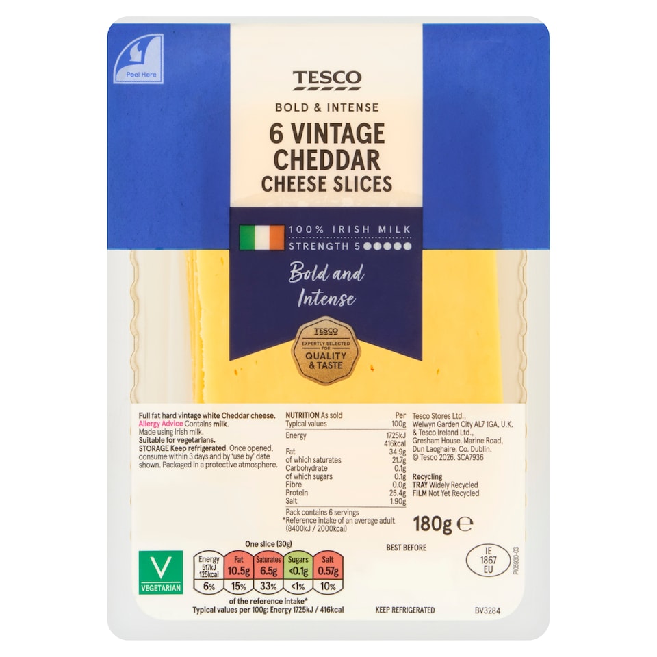 Tesco Bold & Intense 6 Vintage Cheddar Cheese Slices 180g