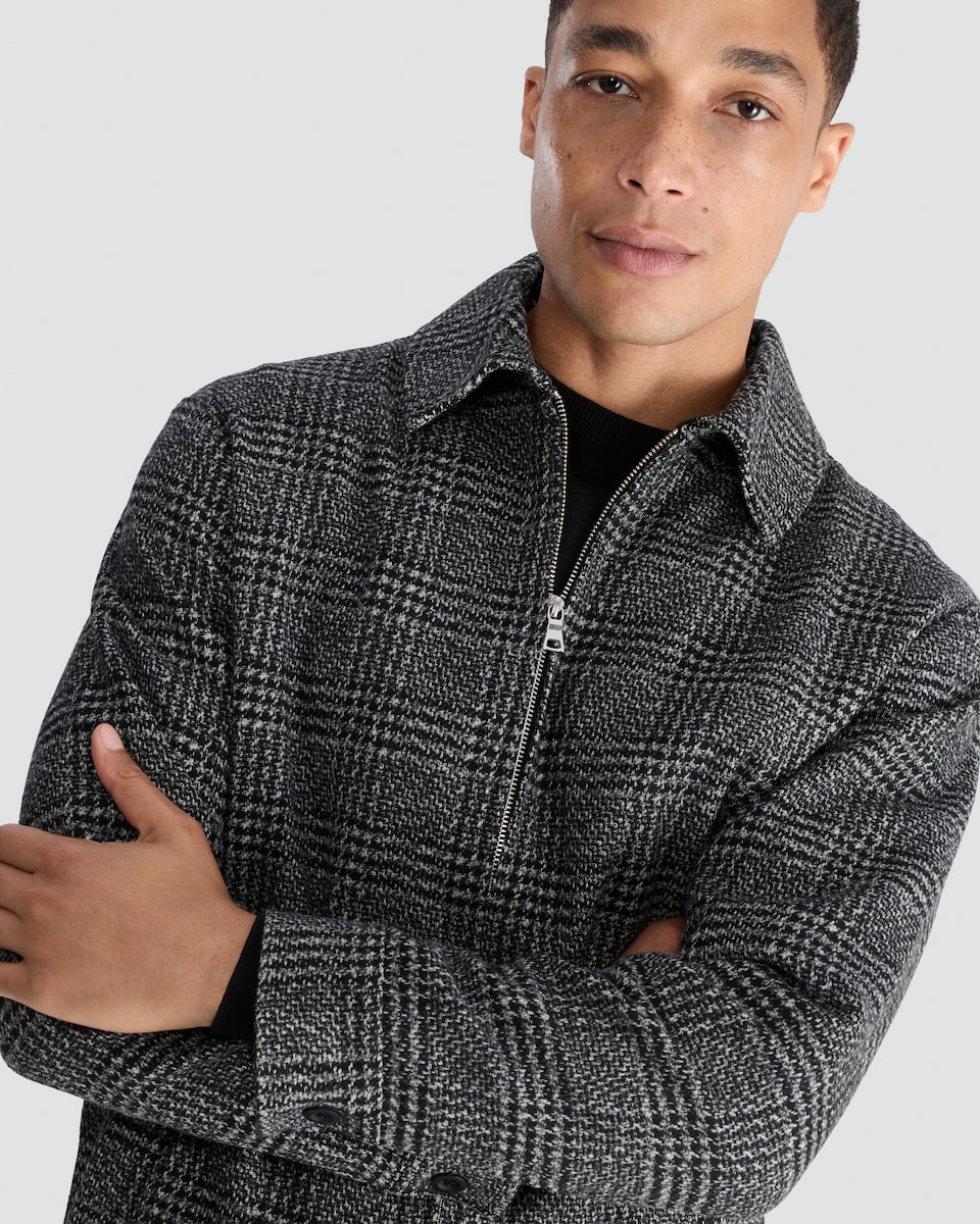image 1 of F&F Check Print Zip Up Jacket with Wool in Grey