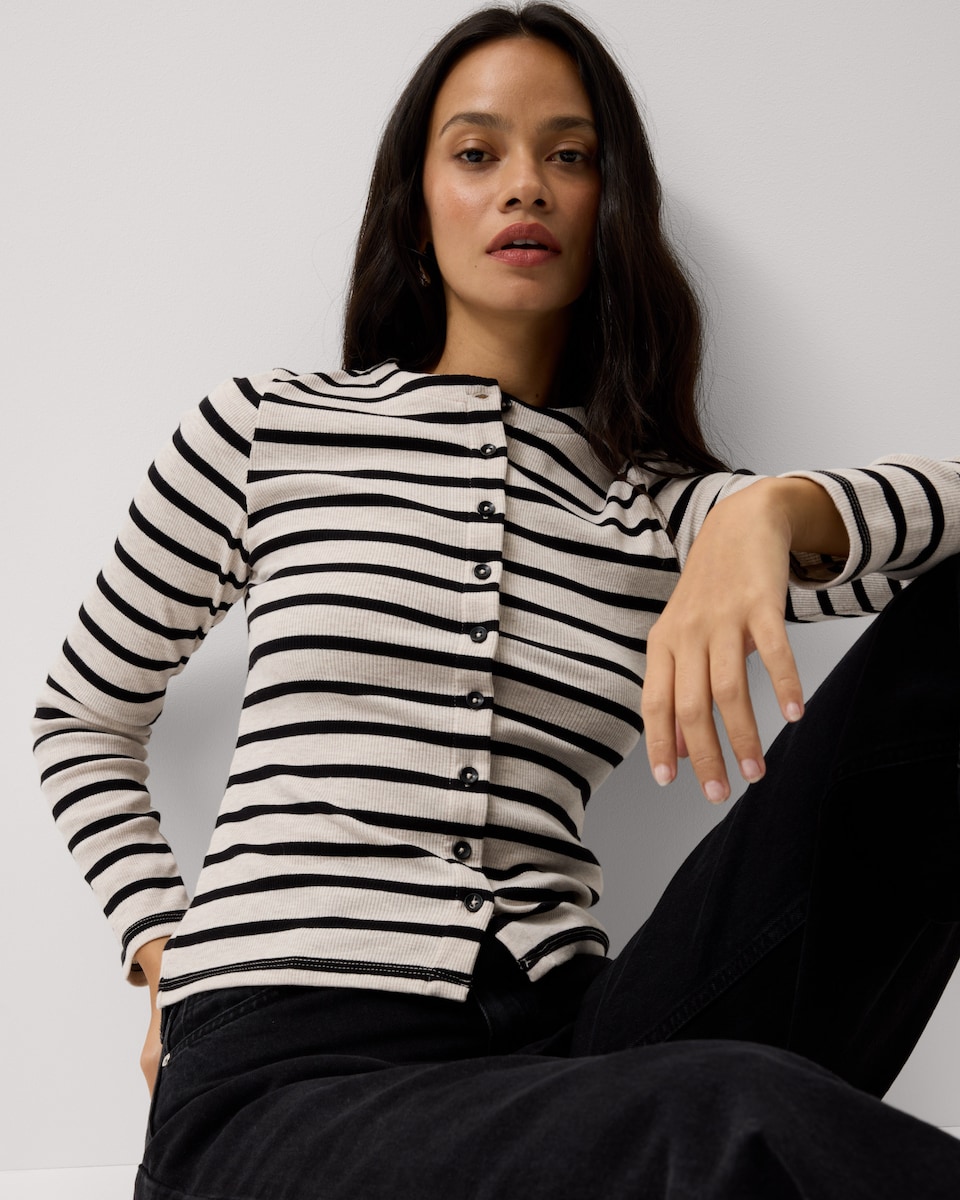 image 1 of F&F Cotton Rich Striped Button Up Top in Multi Black