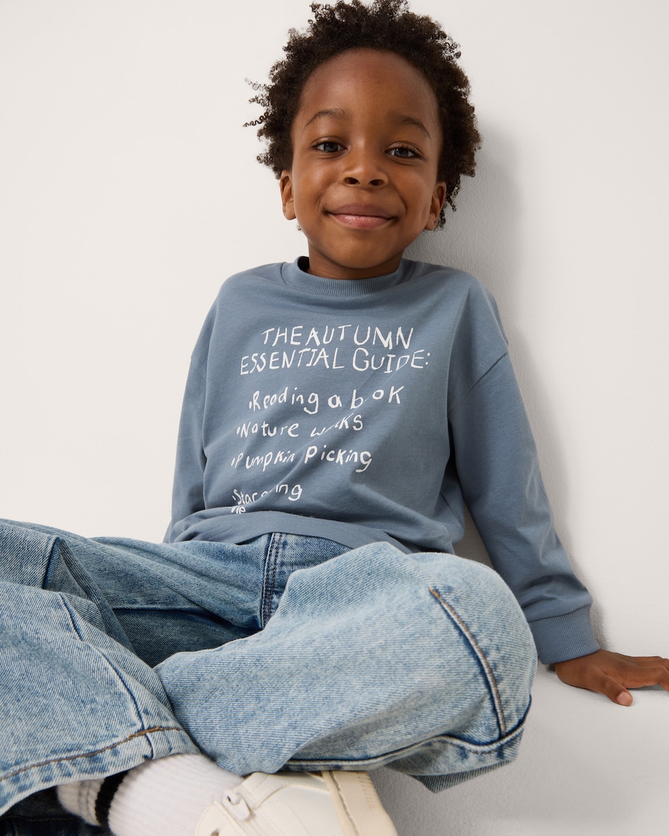 image 1 of F&F Boys Pure Cotton Slogan Long Sleeved Top in Blue