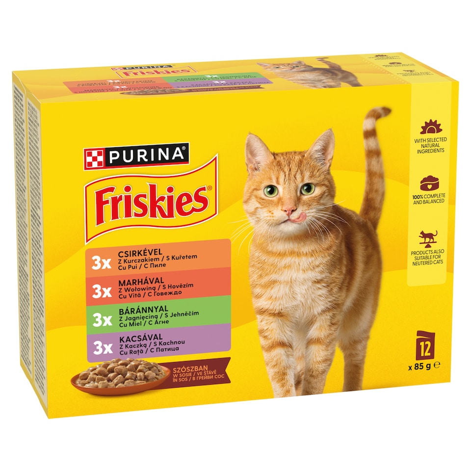 Obrázek 1 pro produkt Friskies kapsičky pro kočky kuře, hovězí, jehněčí, kachna ve šťávě 12 x 85g
