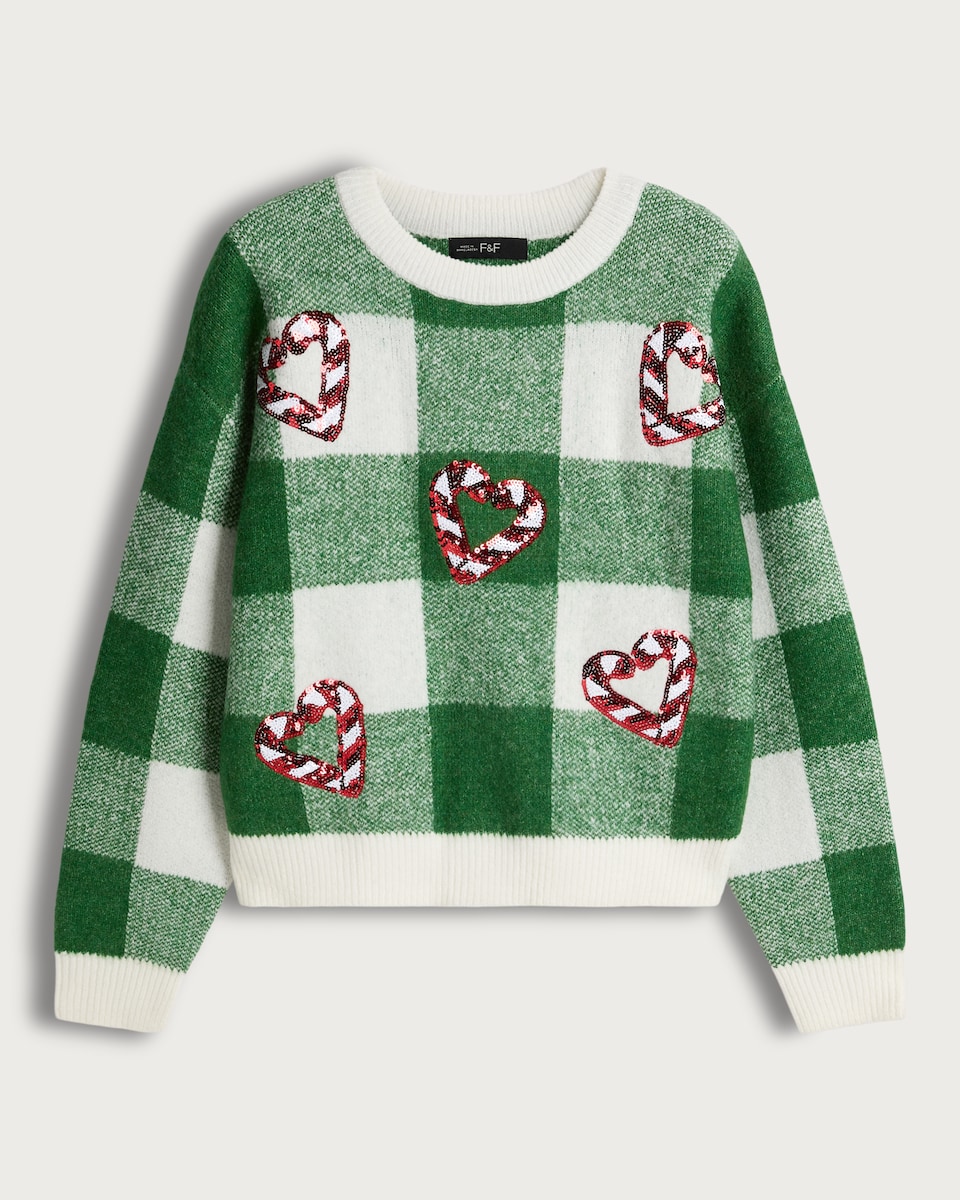 image 1 of F&F Knitted Sequin Candy Cane Heart Jumper in Green