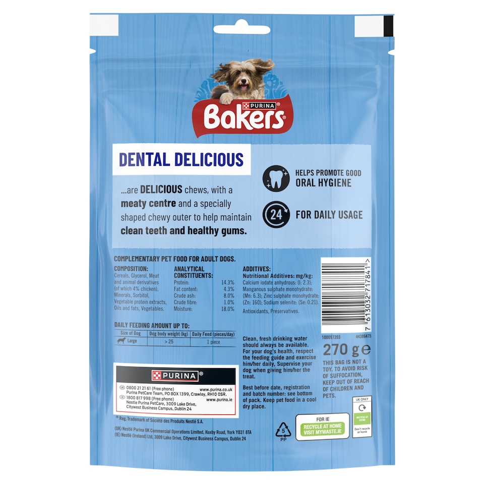 image 1 of BAKERS Dental Delicious Large Chicken Dog Chews 270g