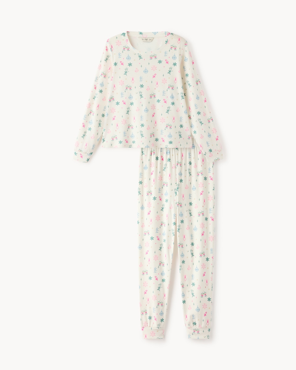 image 1 of Christmas Printed Pyjama Set in Cream