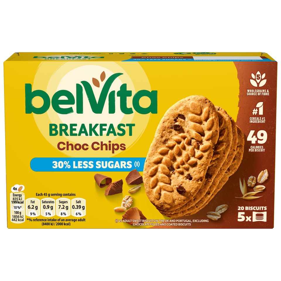 Belvita Cocoa Chocolate Chip Cereal Biscuit Snack Bars Pack 5 x 45g