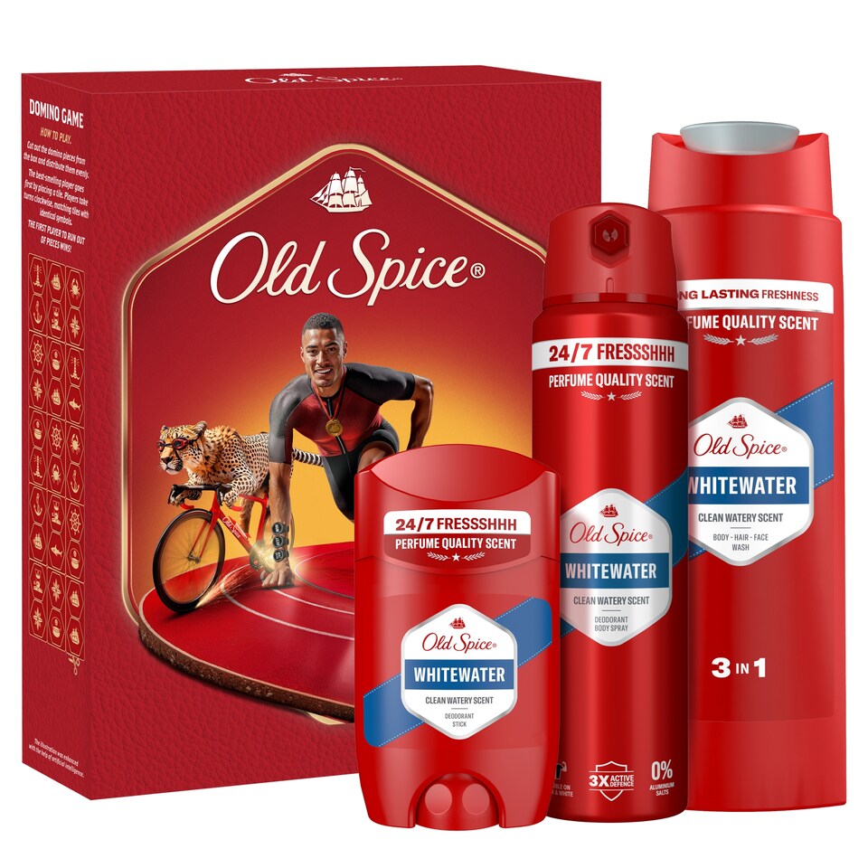 Obrázek 1 pro produkt Old Spice Ironman Sada S Tuhým Deodorantem, Sprejem A Sprchovým Gelem Whitewater