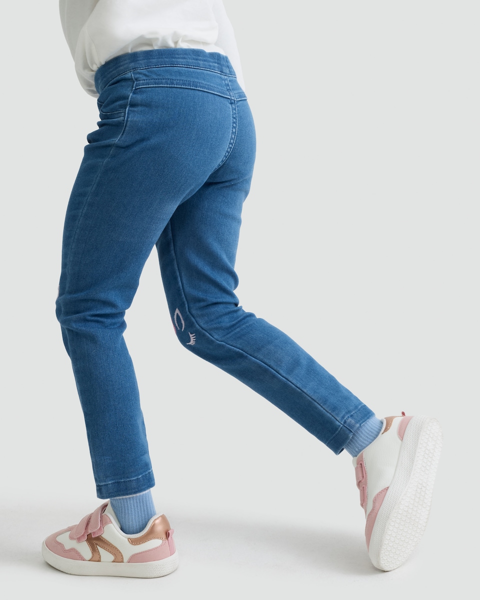 image 1 of F&F Girls Cotton Rich Unicorn Embroidered Denim Jeans in Multi