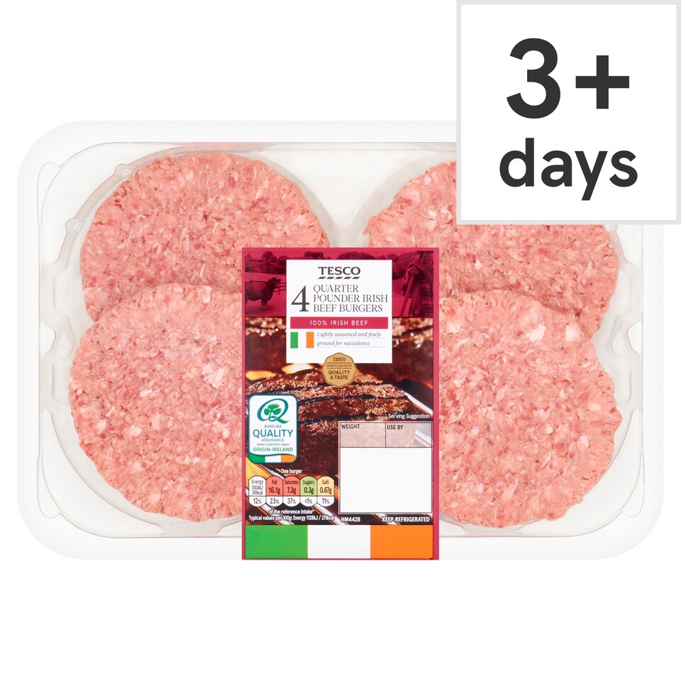 Tesco 4 Quarter Pounder Irish Beef Burgers 454G