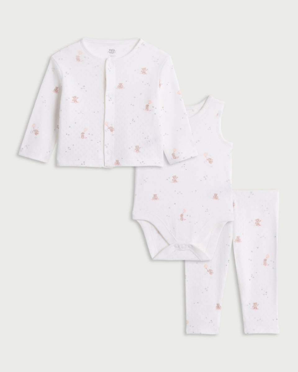 image 1 of F&F Baby 3-Piece Pure Cotton Cardigan, Bodysuit and Leggings Set in White