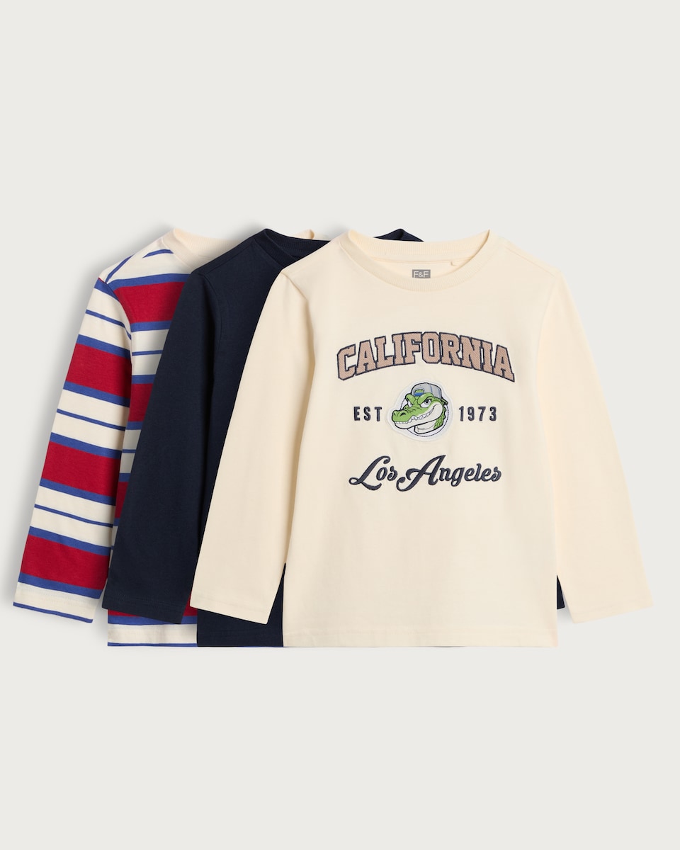 image 1 of F&F Boys 3-Pack Pure Cotton Printed Long Sleeved Tops in Cream