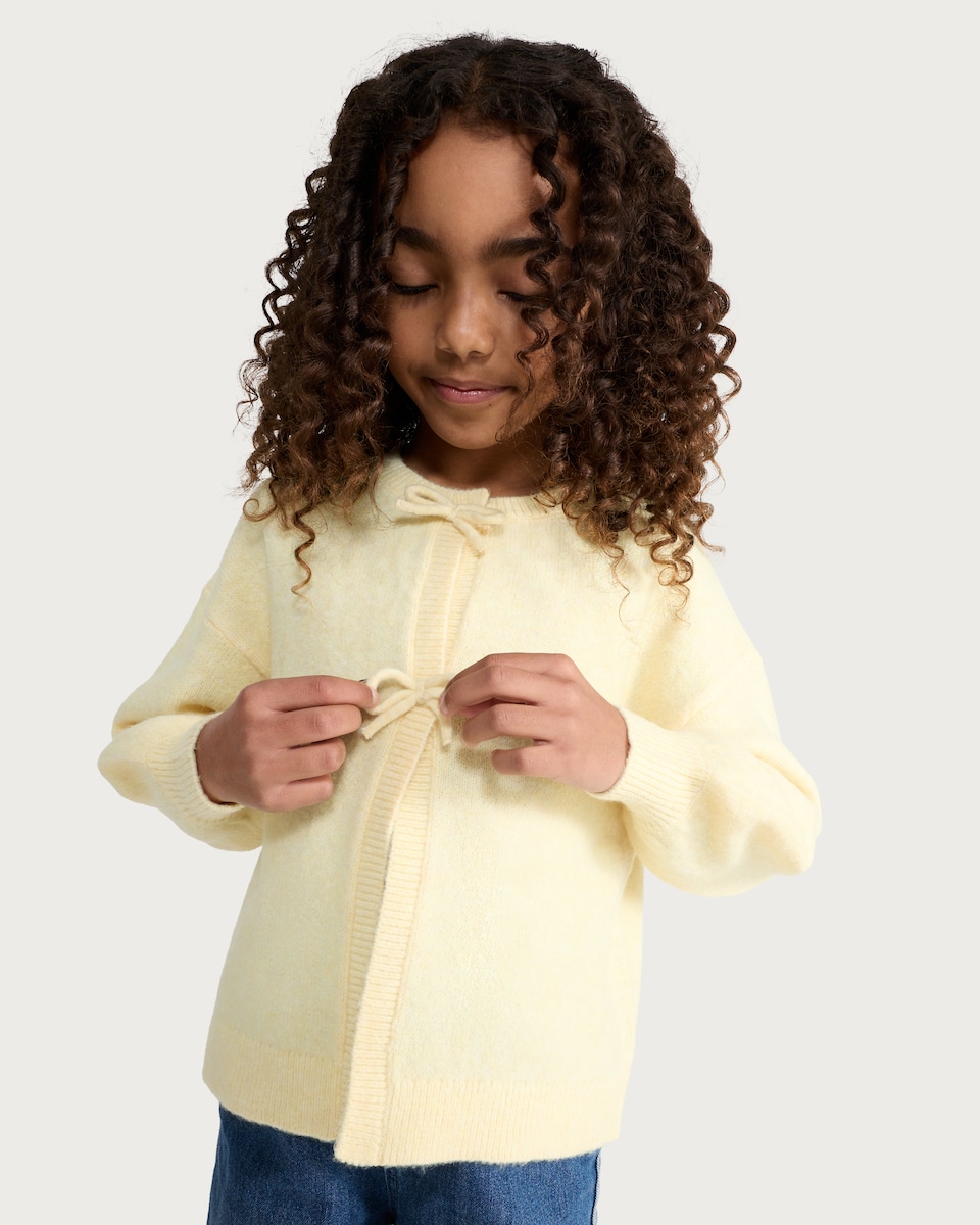 image 1 of F&F Girls Textured Bow Detail Cardigan in Yellow
