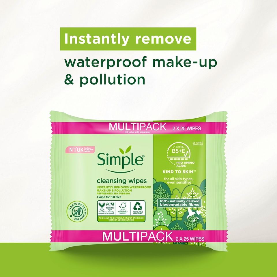 image 1 of Simple Cleansing Biodegradable Wipes 2X25 Pack