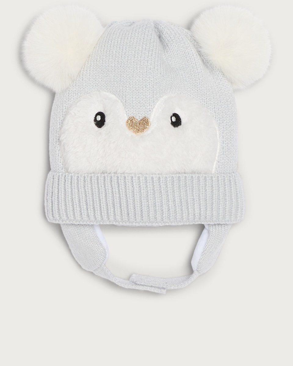 F&F Baby Knitted Penguin Face Pom Pom Hat in Grey