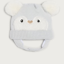 F&F Baby Knitted Penguin Face Pom Pom Hat in Grey