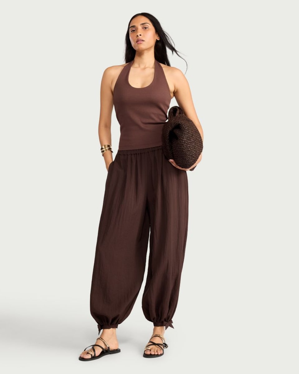 image 1 of F&F Tie Hem Balloon Trousers in Brown
