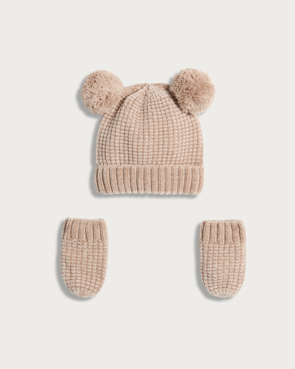 image 1 of F&F Baby 2-Piece Pom Pom Hat and Mittens Set in Neutral