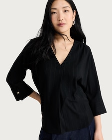 F&F V Neck Button Cuff Blouse in Black