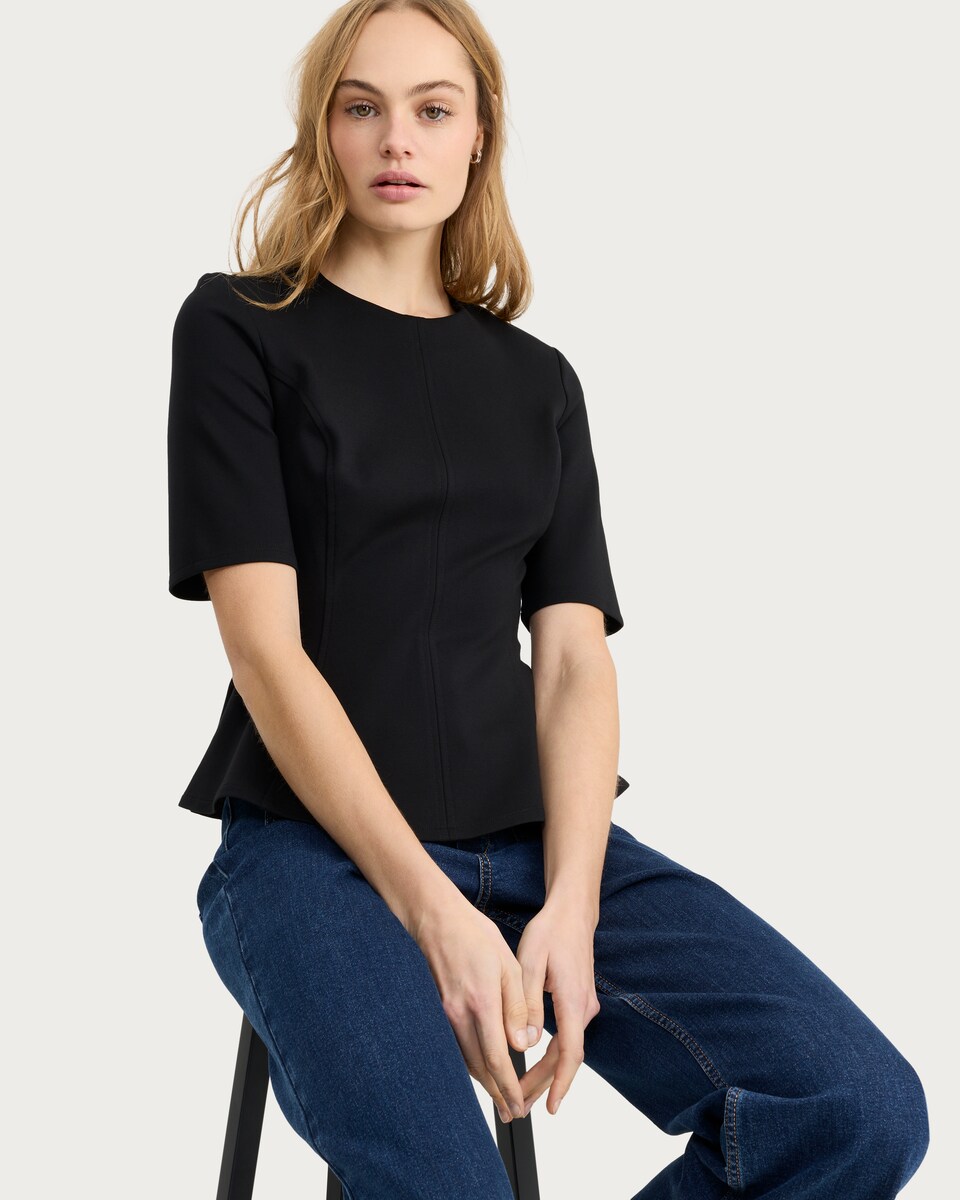 image 1 of F&F Ponte Seam Peplum Hem Top in Black