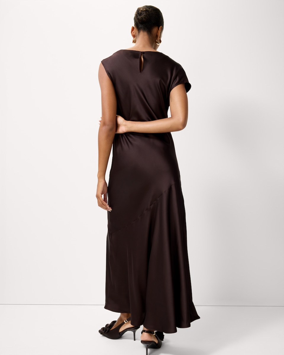 image 1 of F&F Satin Asymmetric Maxi Dress in Brown