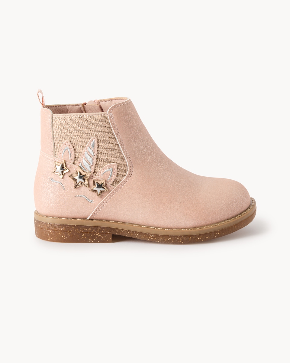 image 1 of F&F Girls Unicorn Embellished Ankle Boots in Pink