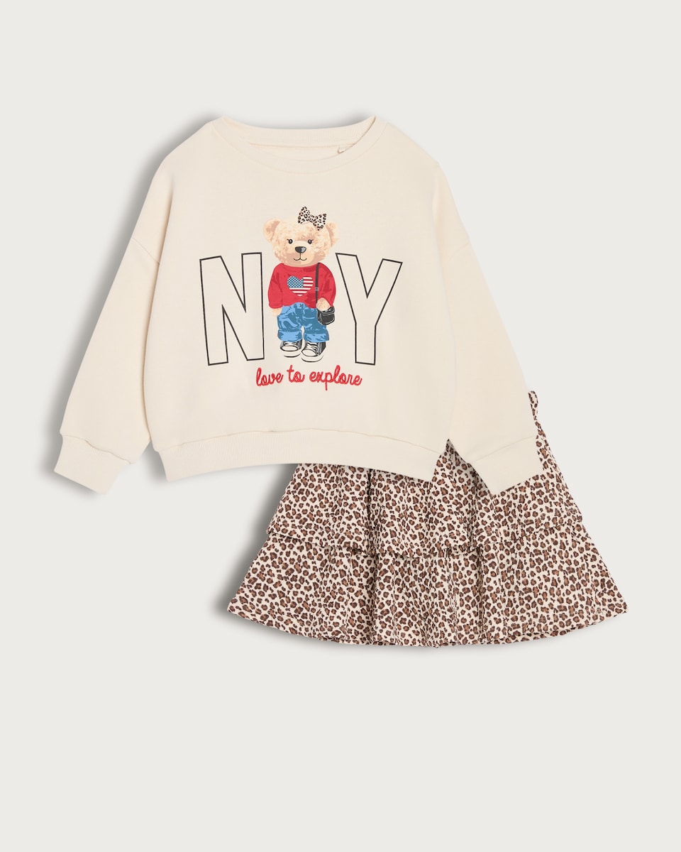 F&F Girls 2-Piece Cotton Rich Bear Sweatshirt and Skirt Set in Multi