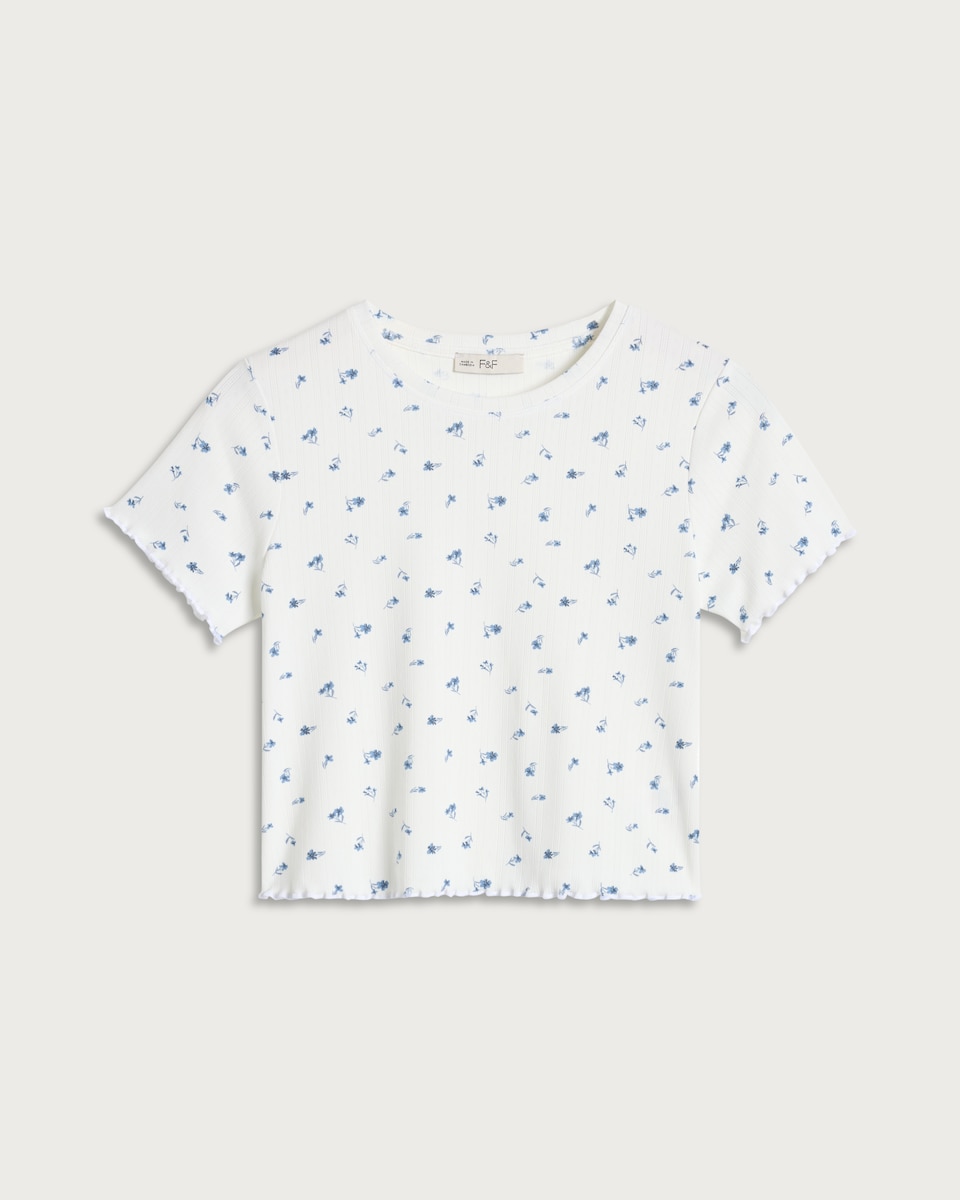 image 1 of F&F Pointelle Ribbed Floral Print Pyjama T-Shirt in Cream