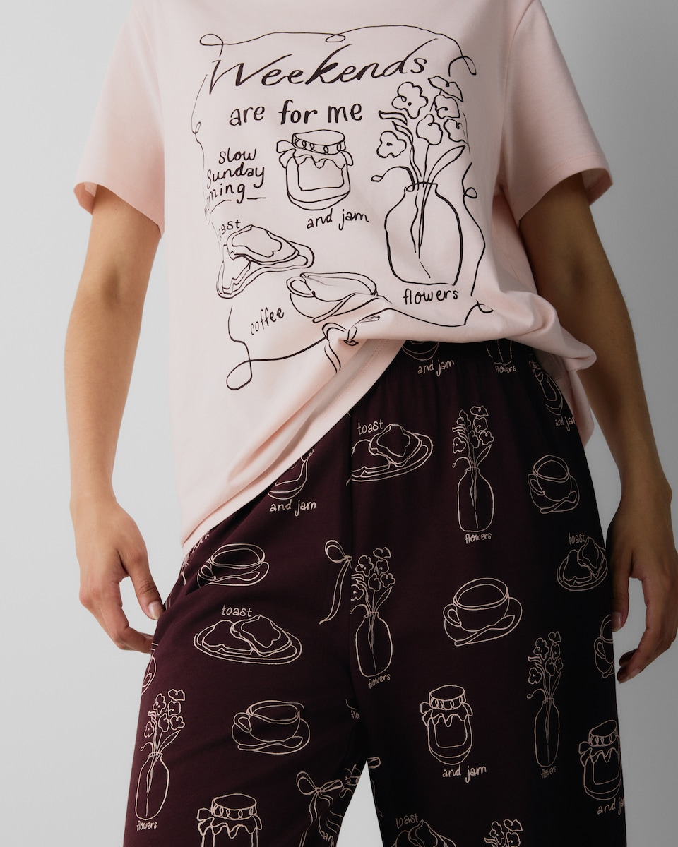 image 1 of F&F Pure Cotton Weekend Print Pyjama Set in Multi Purple