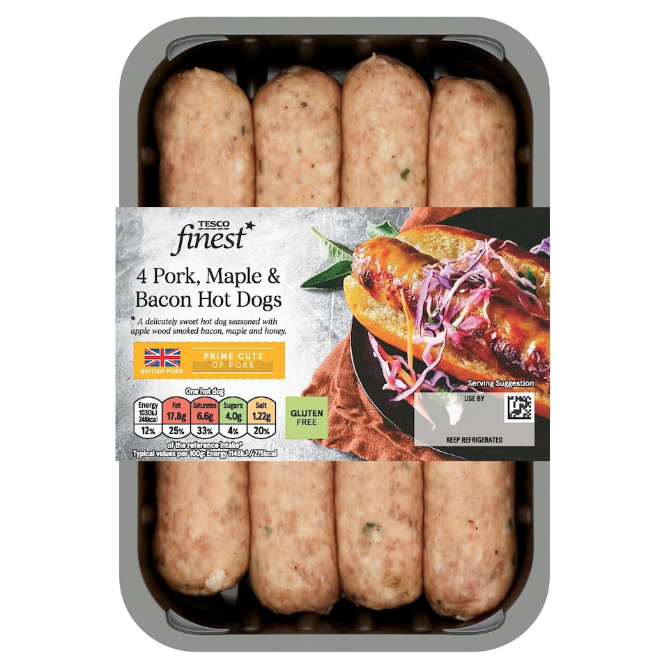 Tesco Finest 4 Pork Maple & Bacon Hot Dogs 400G