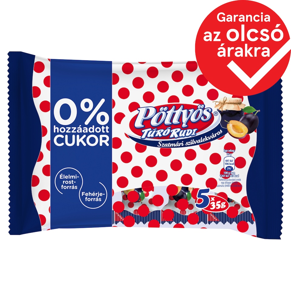 Pöttyös Túró Rudi desszertkészítmény szilvalekvárral, hozzáadott cukor nélkül 5 x 35 g (175 g)