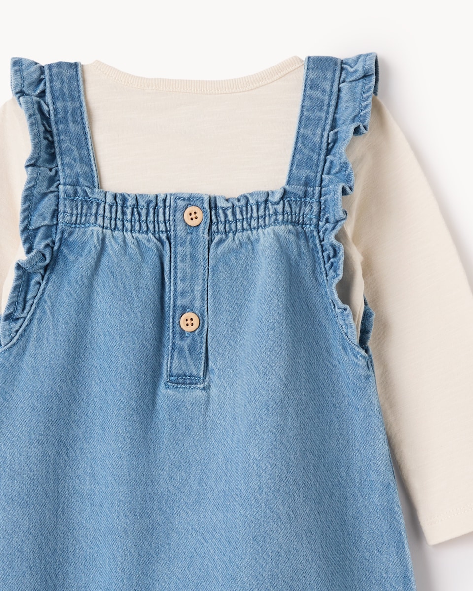 image 1 of F&F Baby 2-Piece Pure Cotton Embroidered Denim Dungaree and Bodysuit Set in Blue