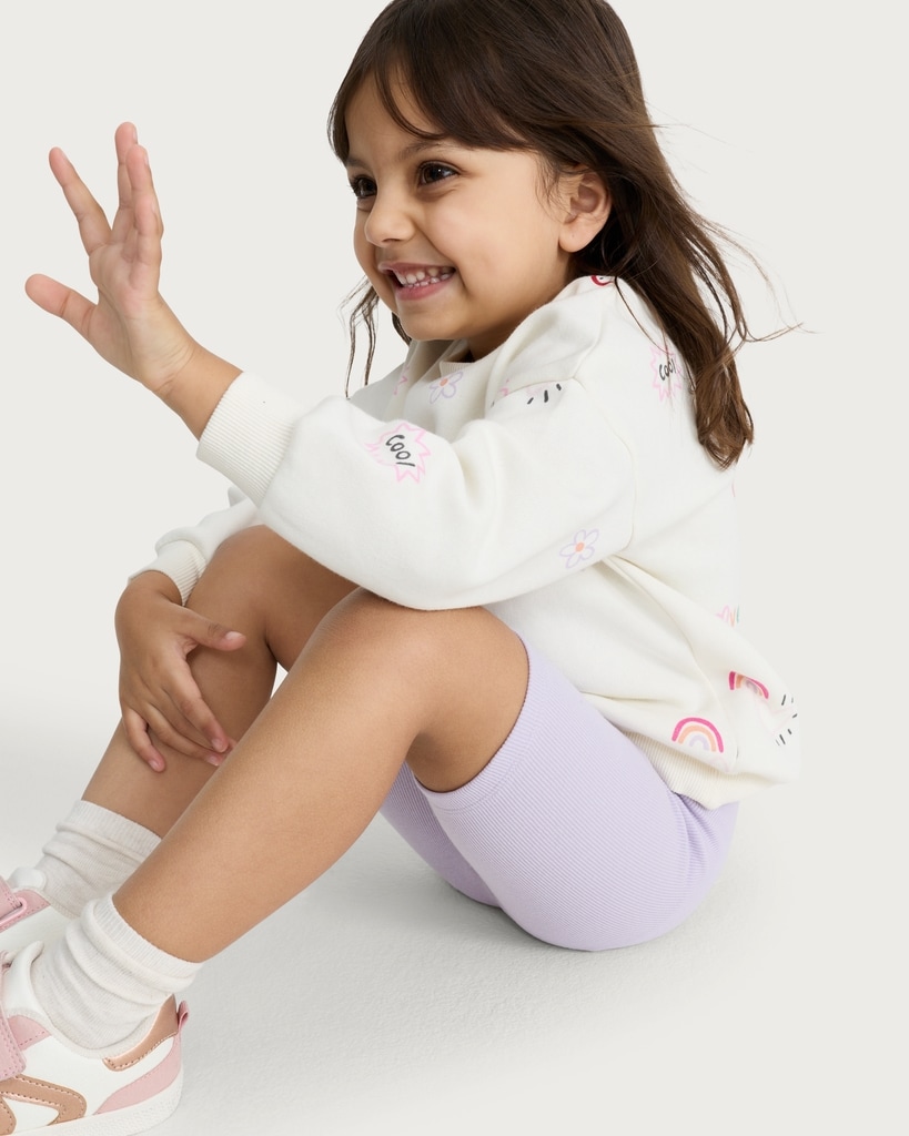 F&F Girls 2-Piece Cotton Rich Printed Sweatshirt and Cycling Shorts Set in Multi White
