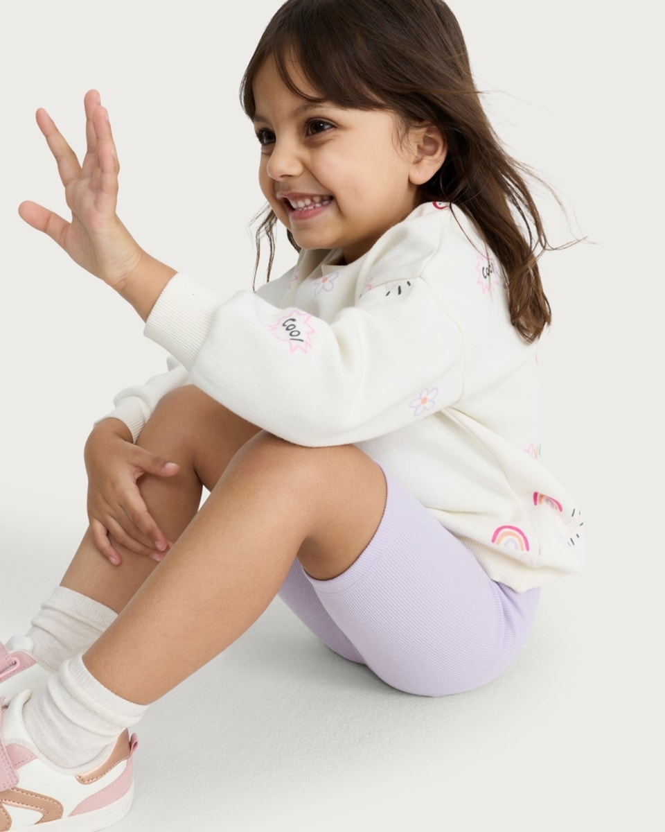 image 1 of F&F Girls 2-Piece Cotton Rich Printed Sweatshirt and Cycling Shorts Set in Multi White