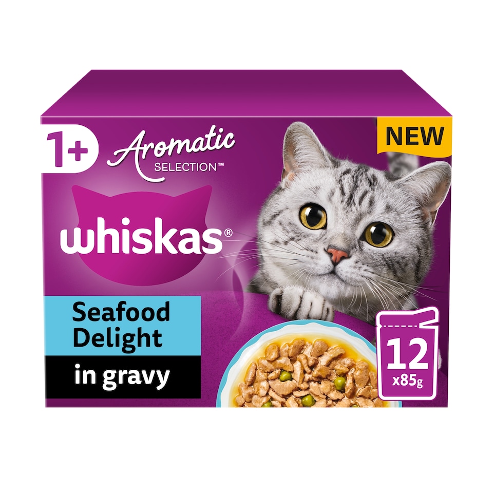 image 1 of WHISKAS 1+ Aromatic Seafood Delight Selection Wet Cat Food Pouches 12x85g
