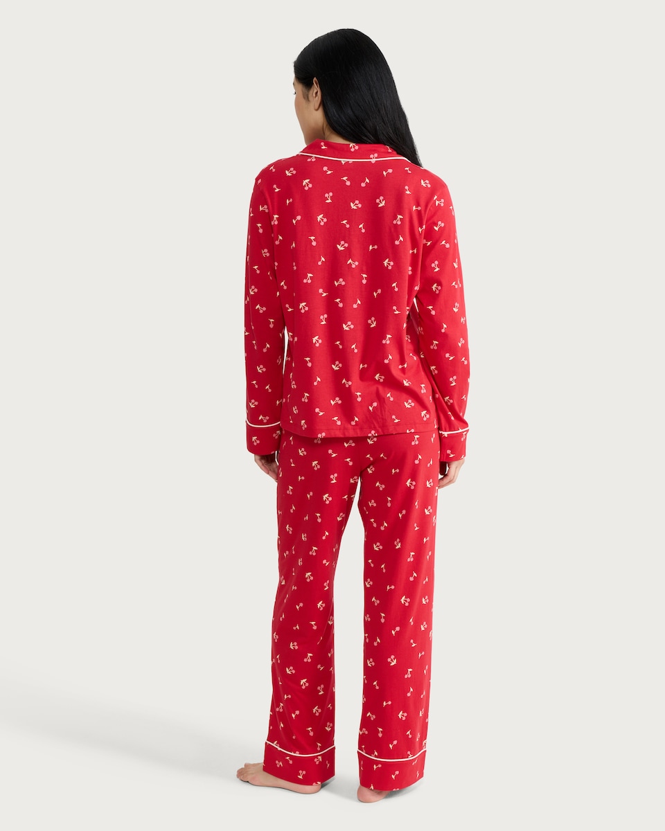 image 1 of F&F Pure Cotton Cherry Print Revere Pyjama Set in Multi Red