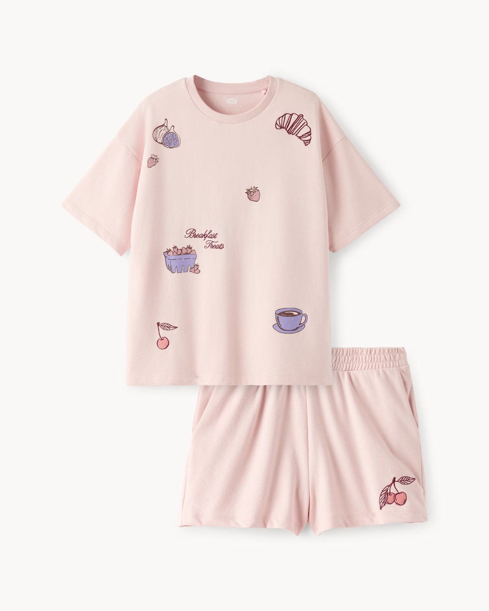 F&F Cotton Rich Breakfast Club Top and Shorts Pyjama Set in Pink