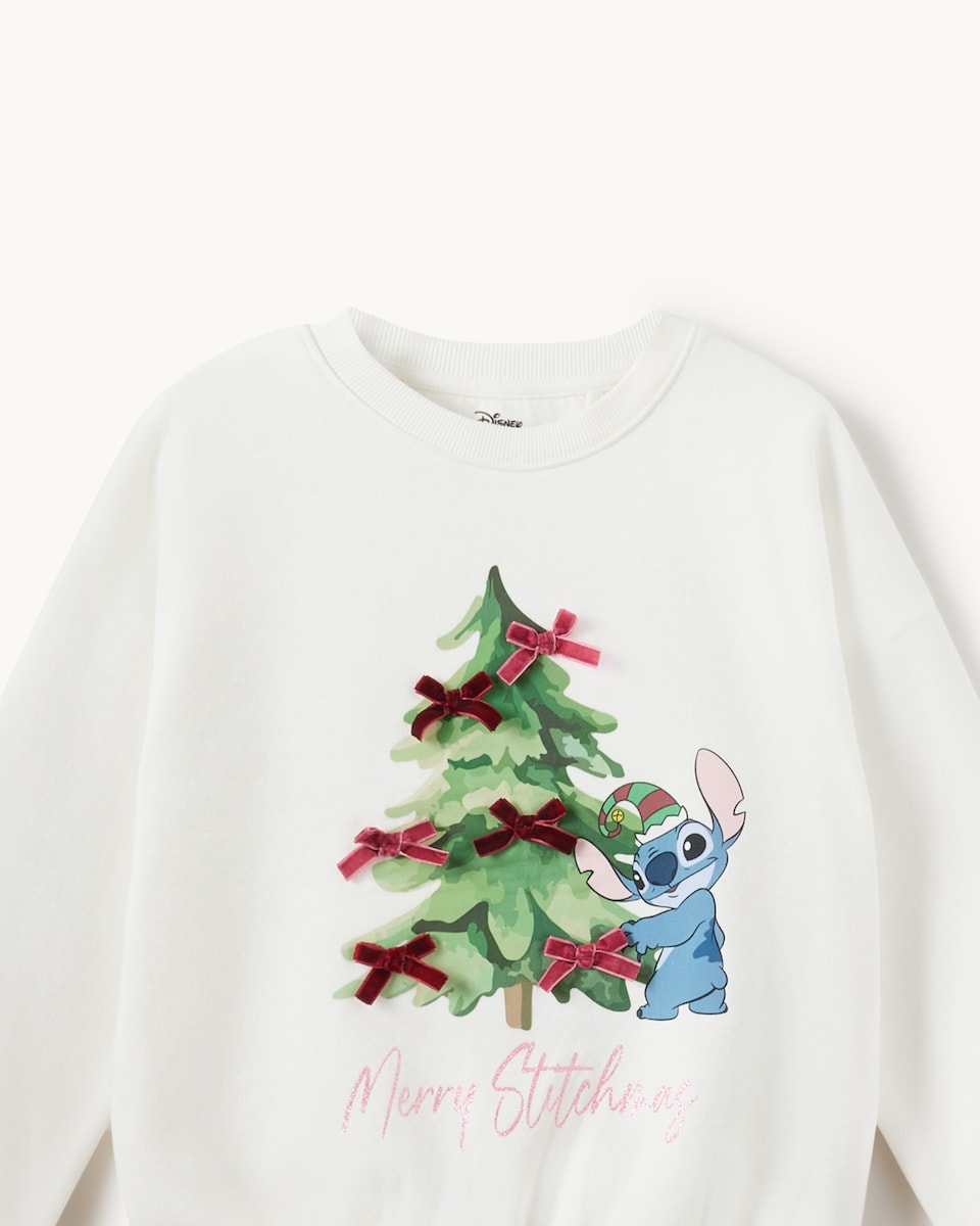 image 1 of Disney Stitch Cotton Rich Christmas Print Sweatshirt in Cream
