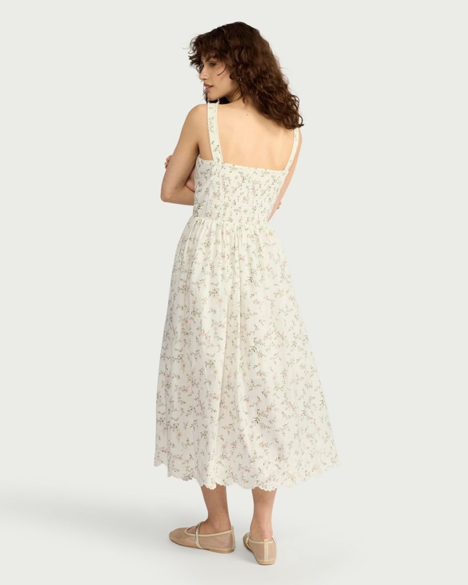 image 1 of F&F Pure Cotton Floral Midi Dress in Cream