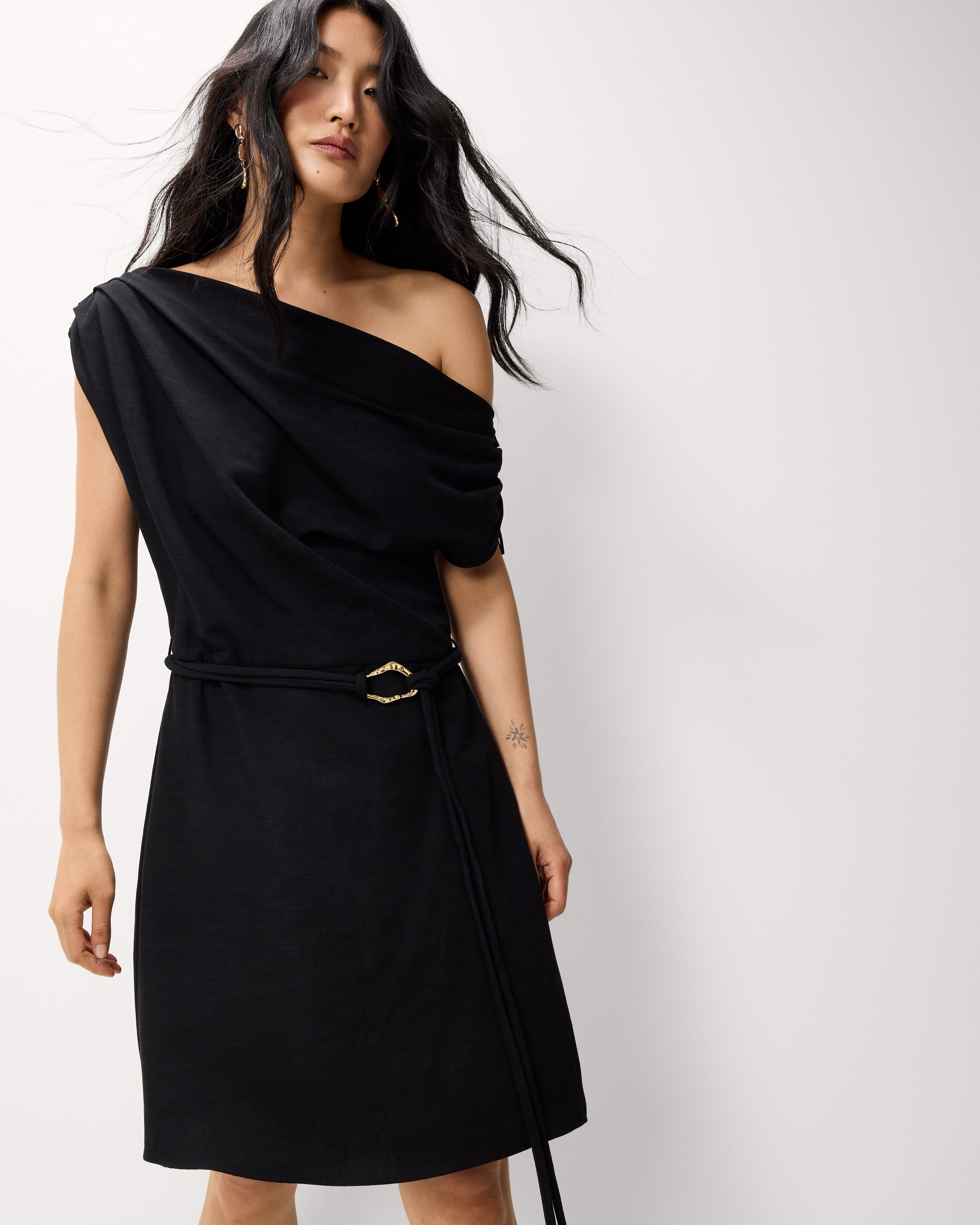 F&F Ruched Belted Buckle Mini Dress in Black
