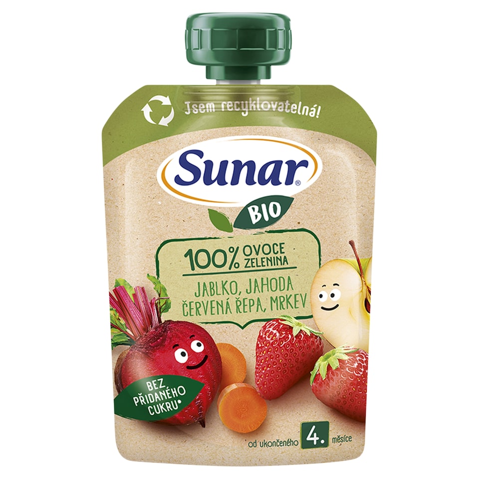 obrázok 1 z Sunar BIO ovocno-zeleninová kapsička Jablko, jahoda, červená repa, mrkva 4m+, 100 g