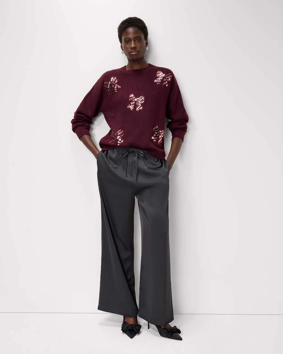 image 1 of F&F Sequin Bow Jumper in Burgundy