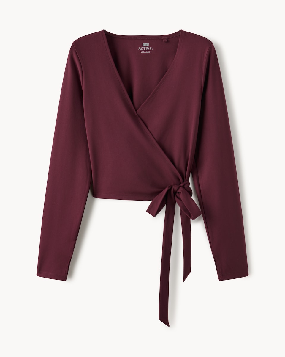 image 1 of F&F Active ULTRASTRETCH Wrap Long Sleeved Top in Burgundy