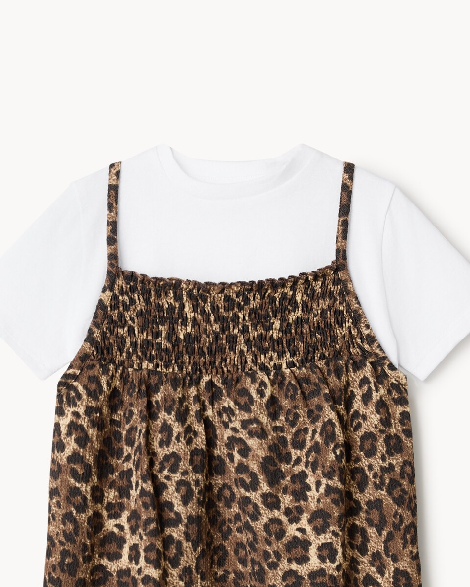 image 1 of F&F Girls 2-Piece Leopard Print Dress and T-Shirt Set in Multi Brown