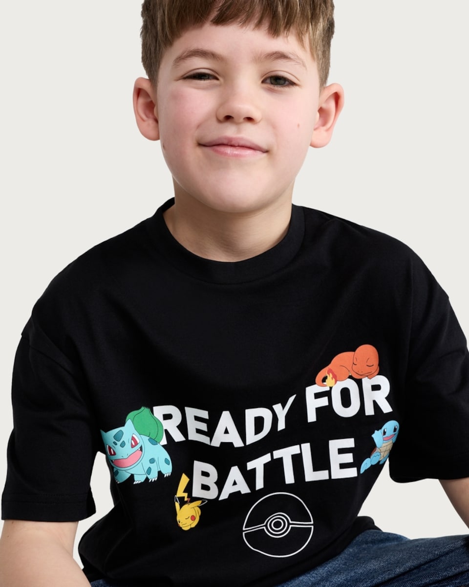 image 1 of Pokémon Ready for Battle Pure Cotton Short Sleeved T-Shirt in Grey