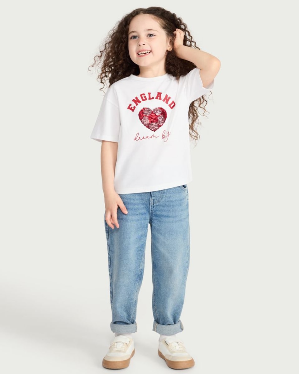image 1 of F&F Girls Pure Cotton England Sequin T-Shirt in White