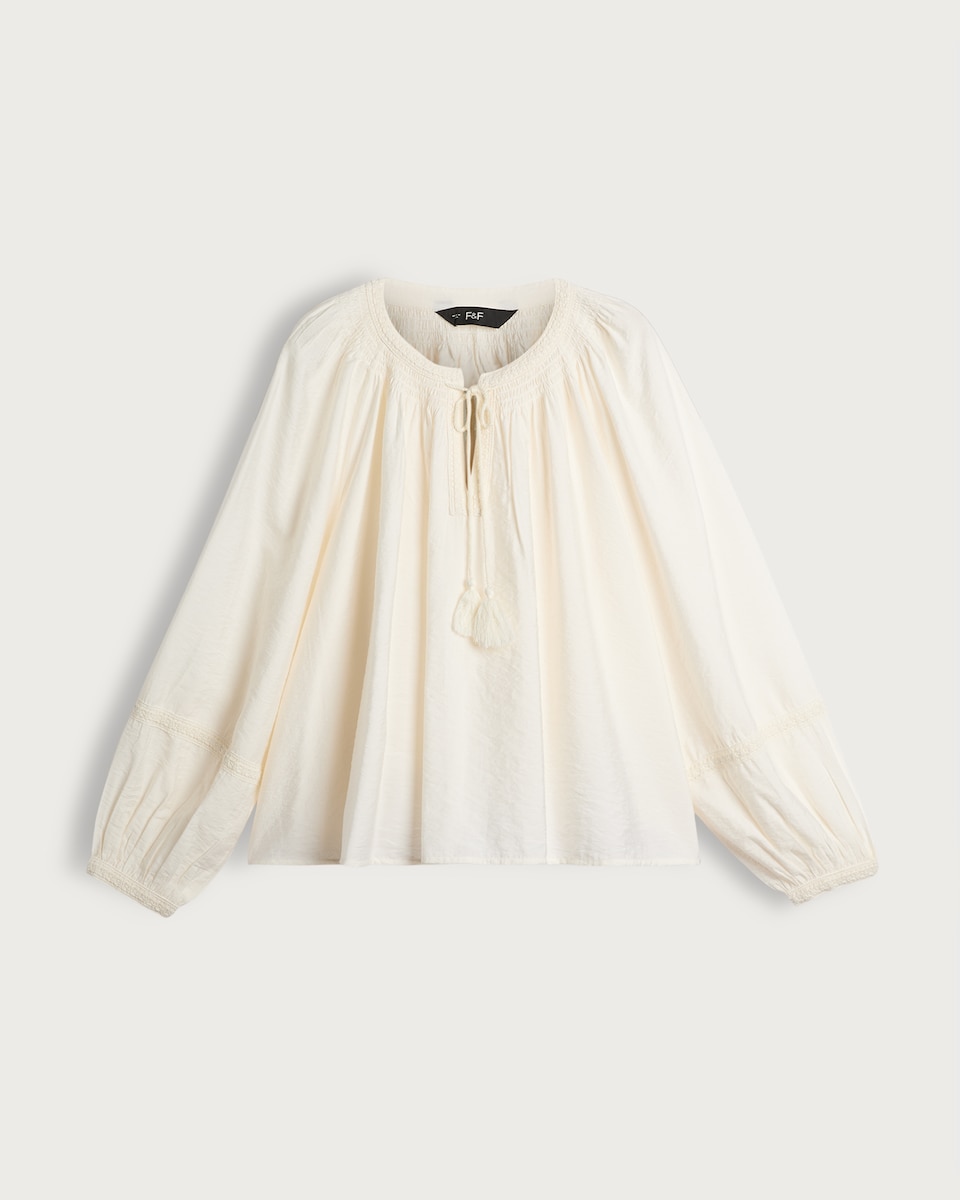 image 1 of F&F Textured Tie Neck Balloon Sleeve Blouse in Cream