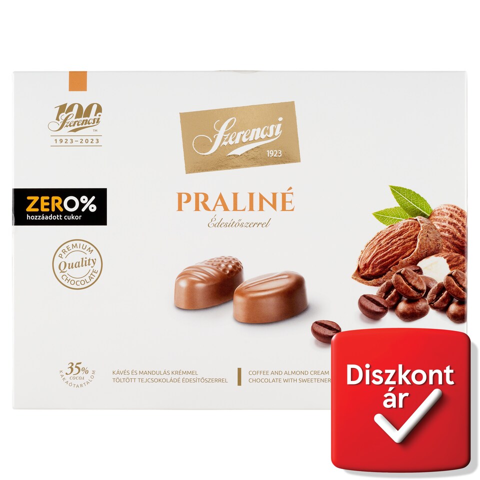 Szerencsi Zero% praliné kávés és mandulás krémmel töltött tejcsokoládé édesítőszerrel 105 g  1. kép