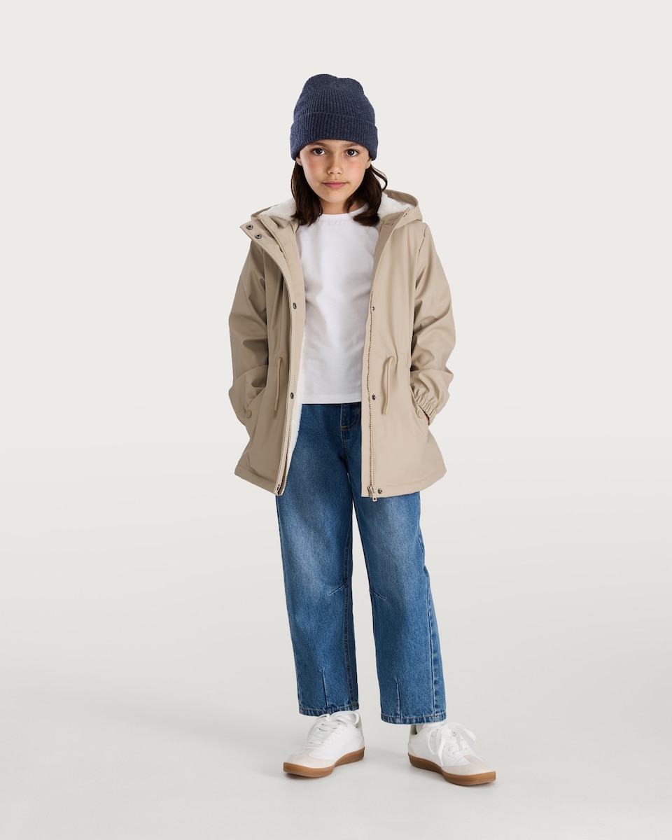image 1 of F&F Girls Rubber Hooded Zip Through Parka in Cream
