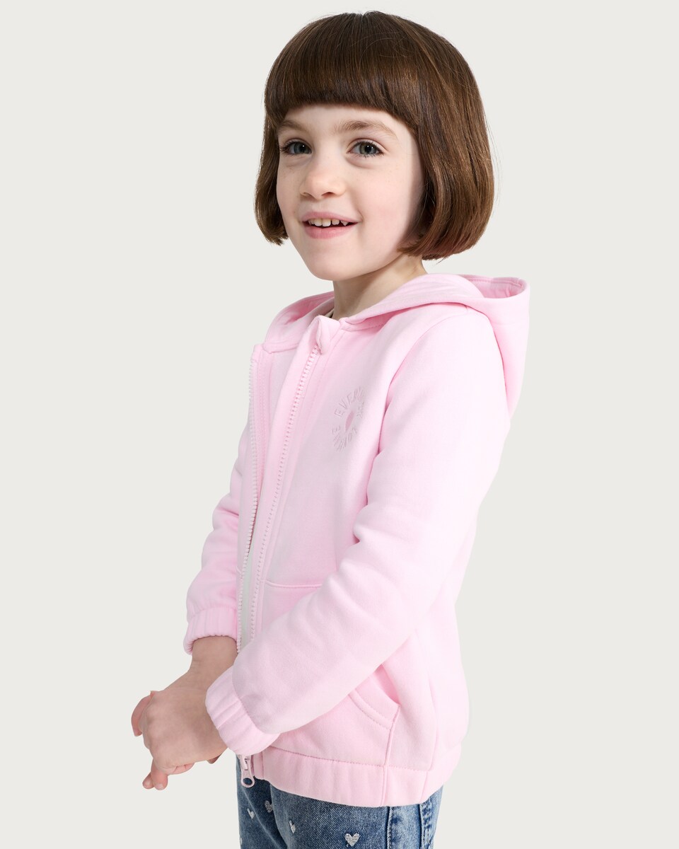image 1 of F&F Girls Cotton Rich Embroidered Slogan Zip Up Hoodie in Pink