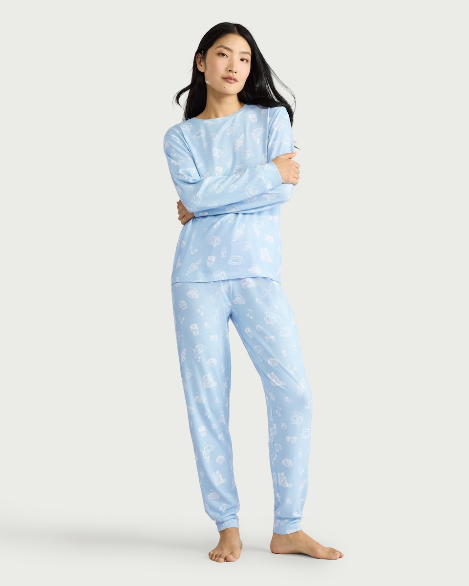 image 1 of F&F Textured Breakfast Print Pyjama Set in Multi Blue
